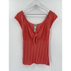 City DKNY Blouse Womens Large Red Knot Keyhole Front Knit Cotton Blend Stretchy